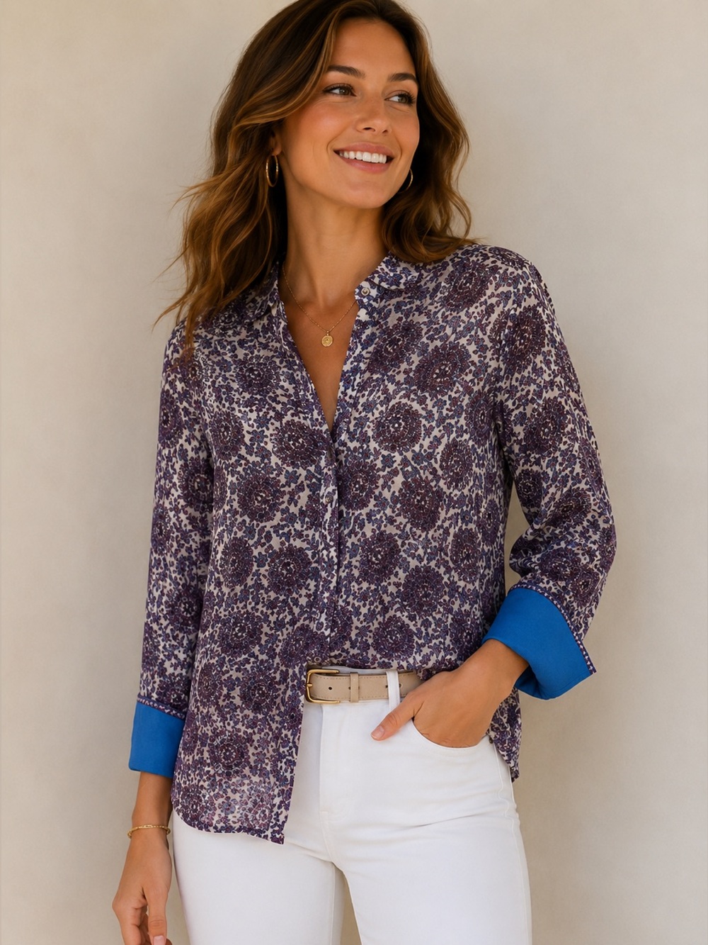 J.Crew Floral Blouse with Blue Cuffs